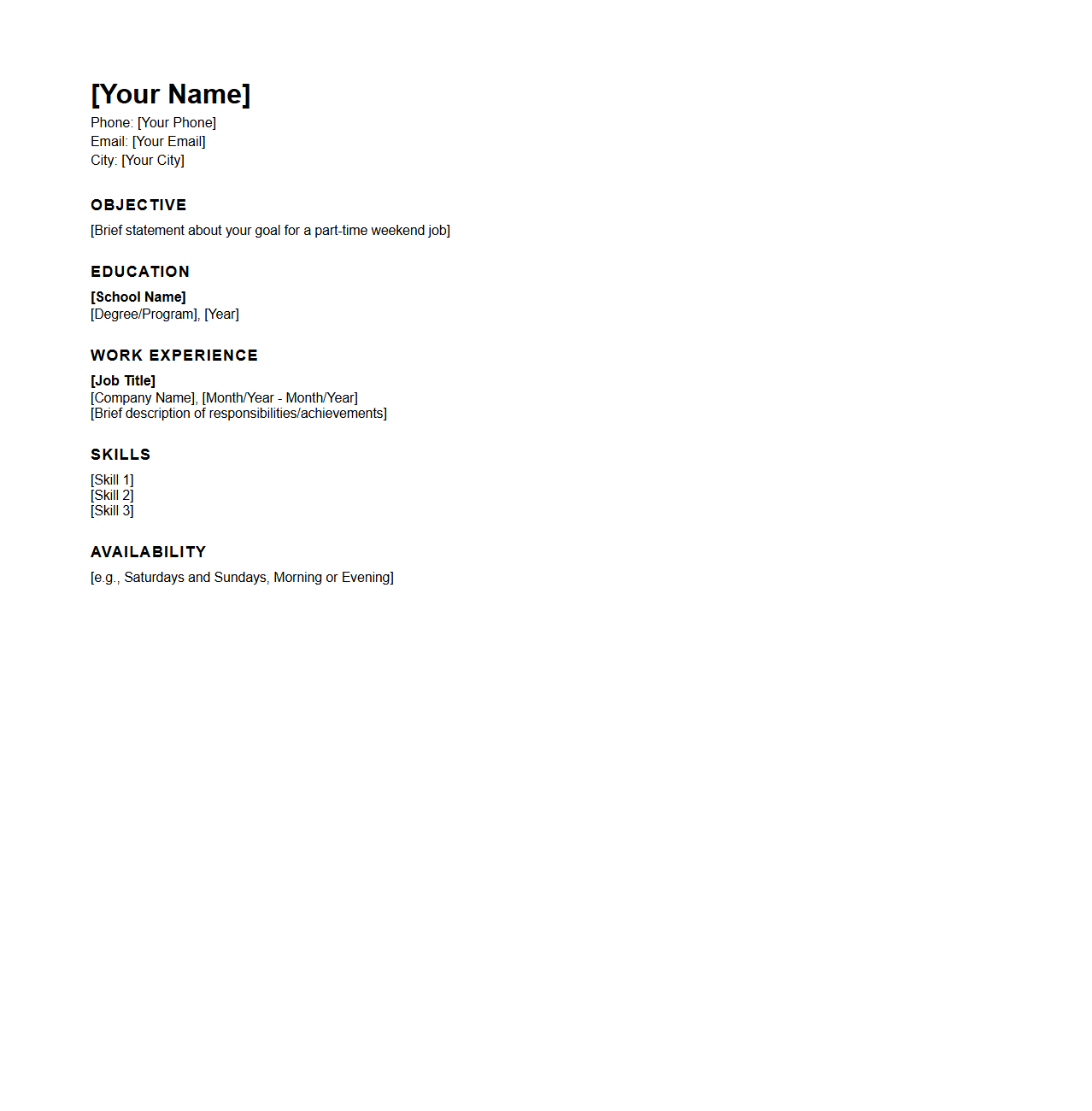 Blank Part-Time Resume Template for Weekend Jobs