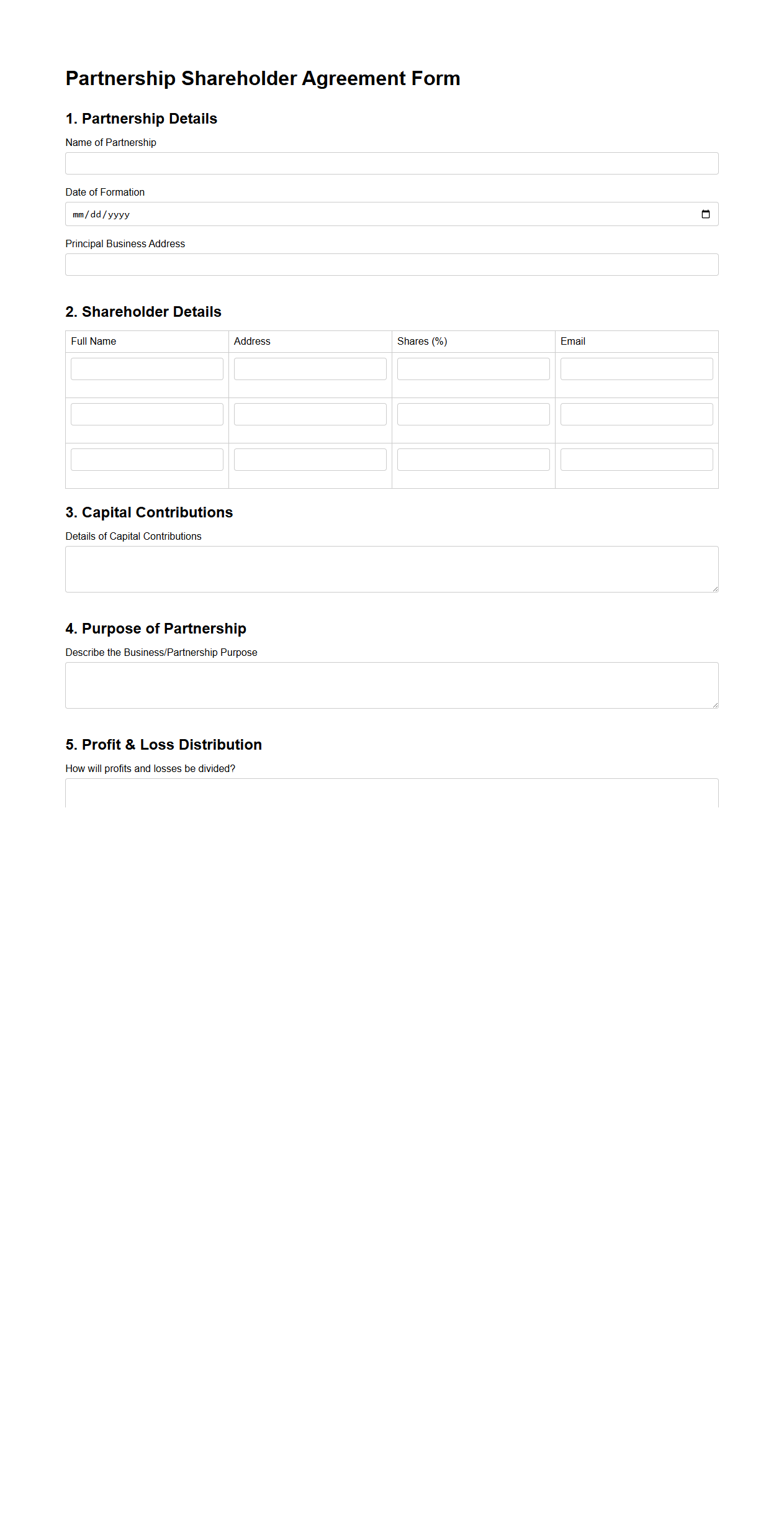 Blank Partnership Shareholder Agreement Form