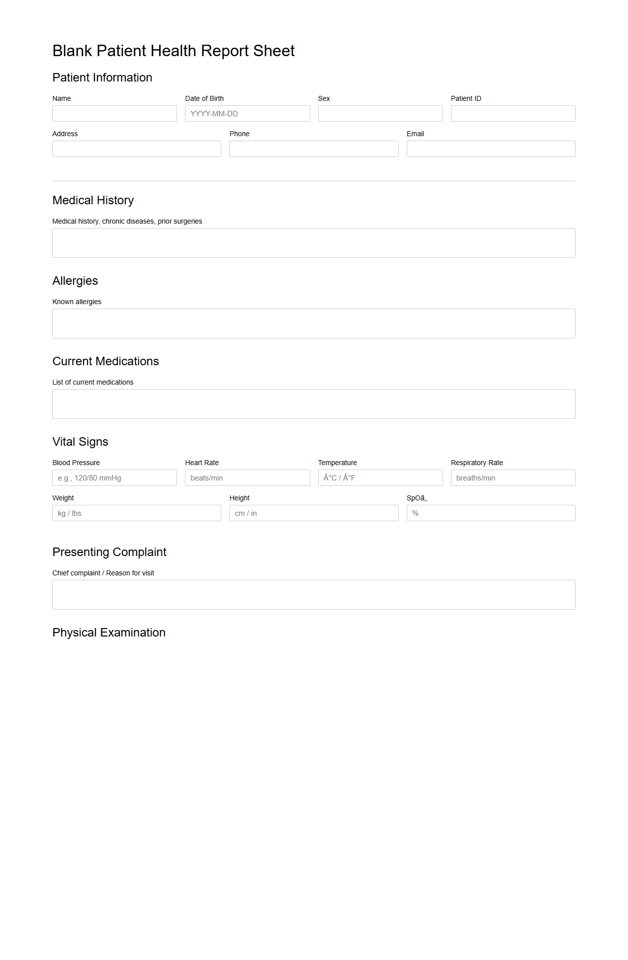 Blank Patient Health Report Sheet