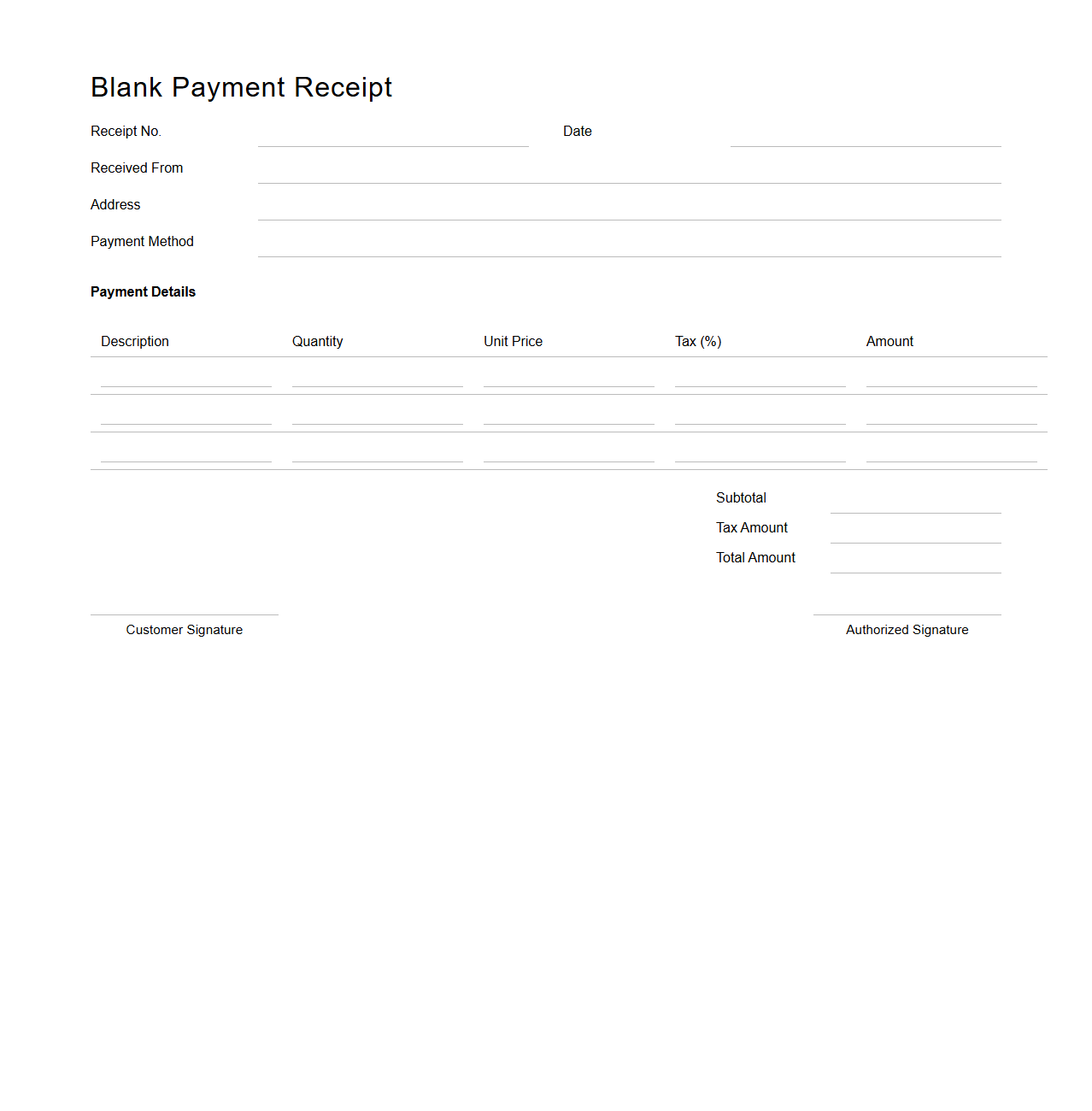 Blank Payment Receipt Template with Tax Details