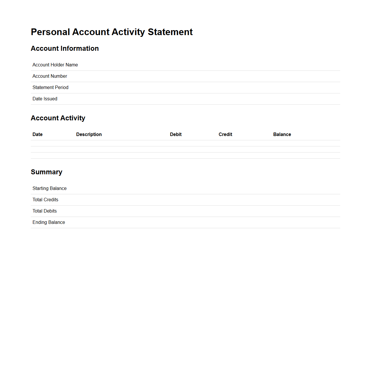 Blank Personal Account Activity Statement