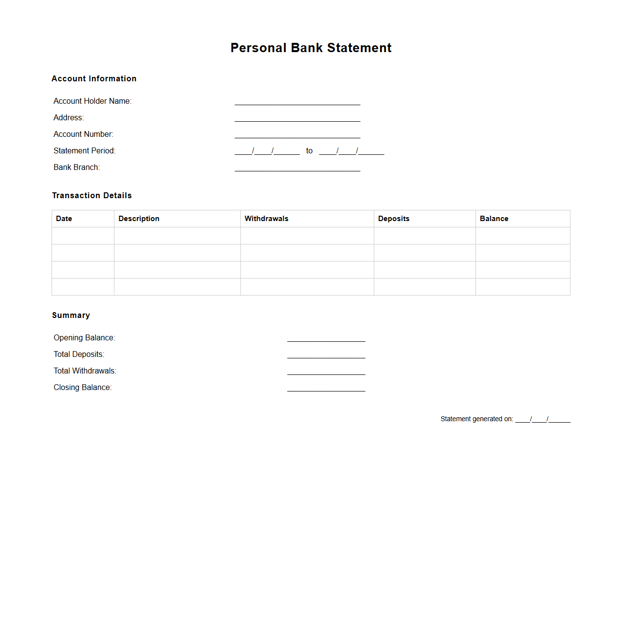 Blank Personal Bank Statement Template