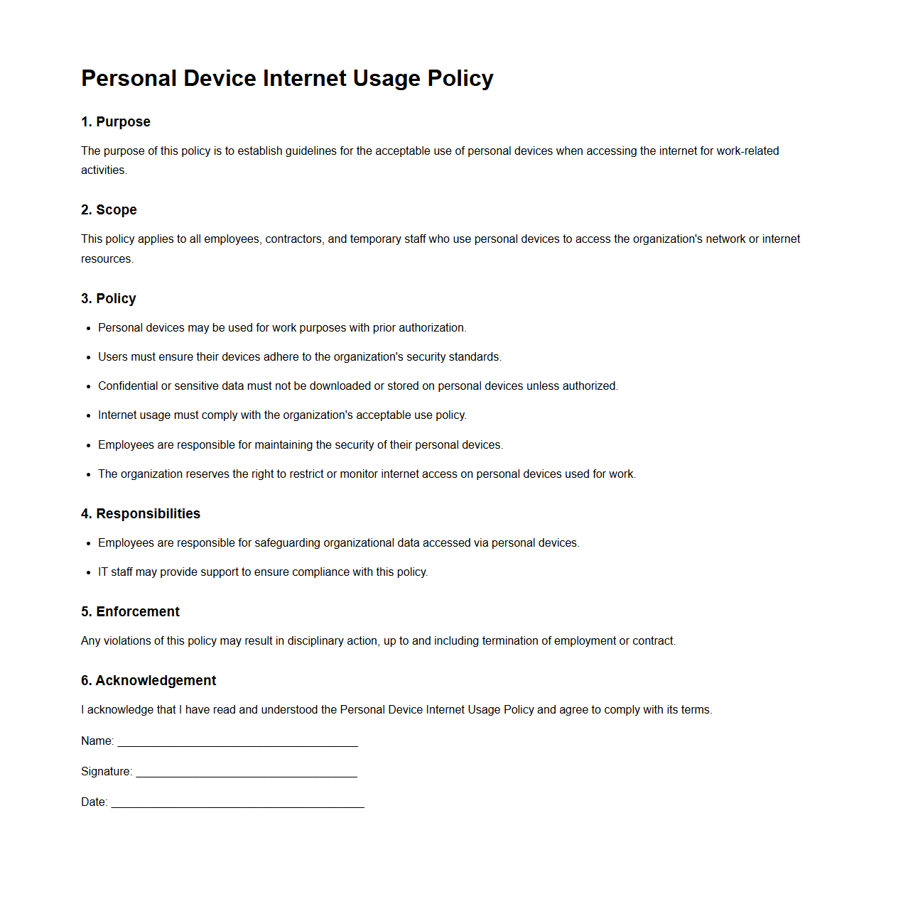 Blank Personal Device Internet Usage Policy Template