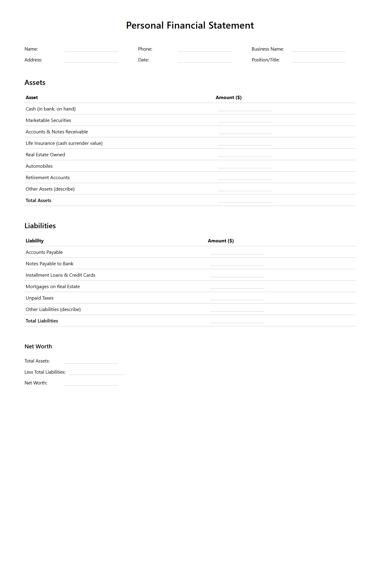 Blank Personal Financial Statement Template for Business Applications