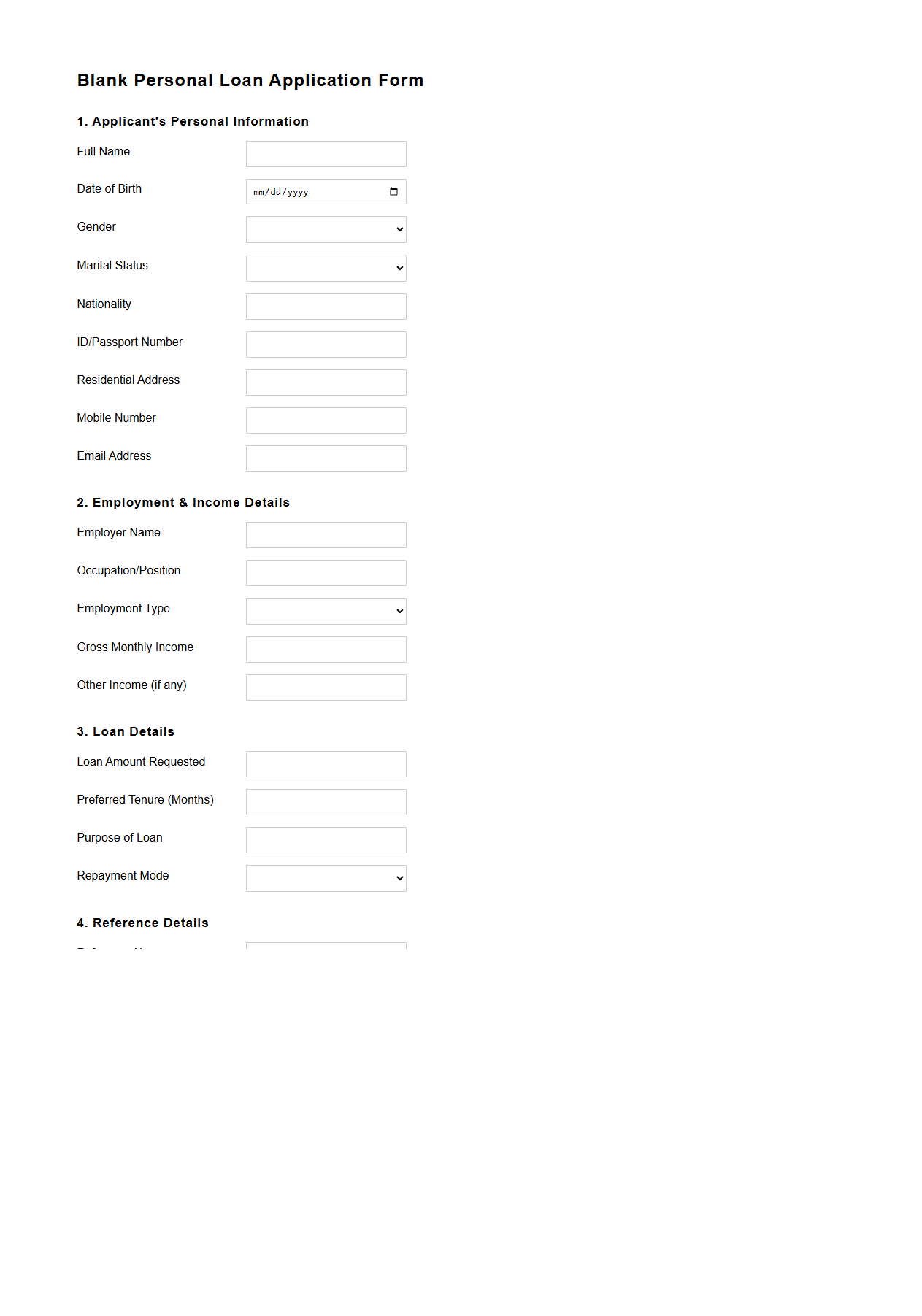 Blank Personal Loan Application Form Template for Banks
