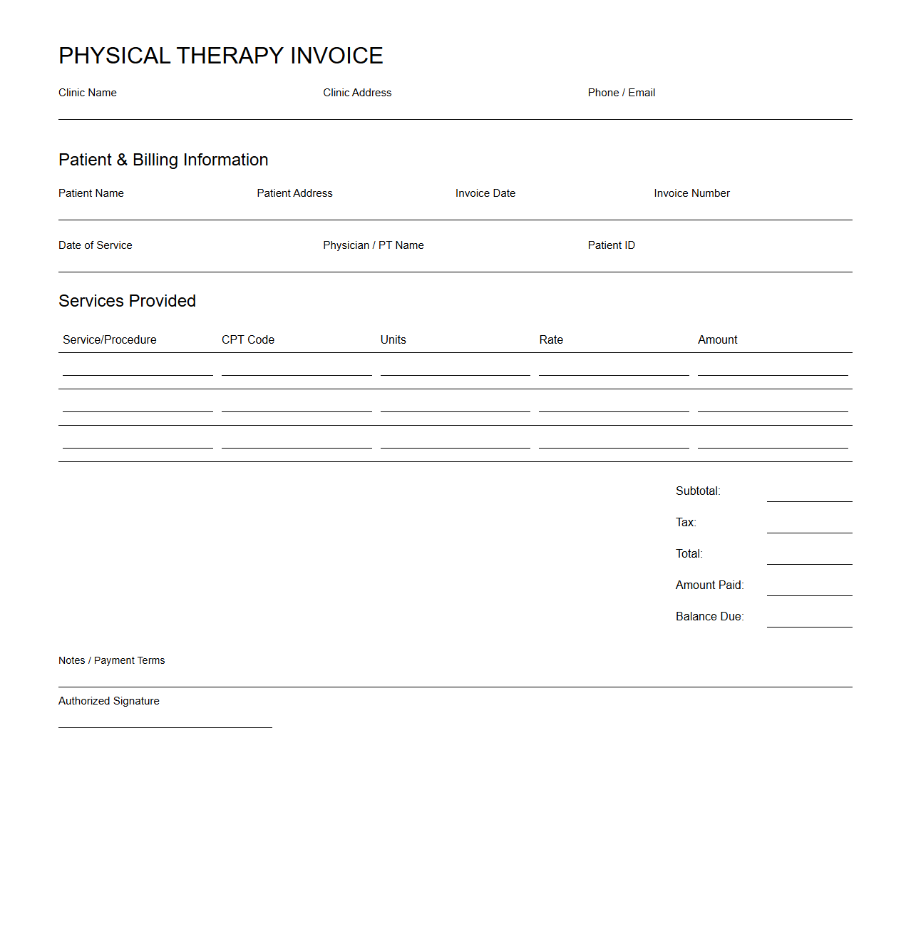 Blank Physical Therapy Invoice Template for Clinics
