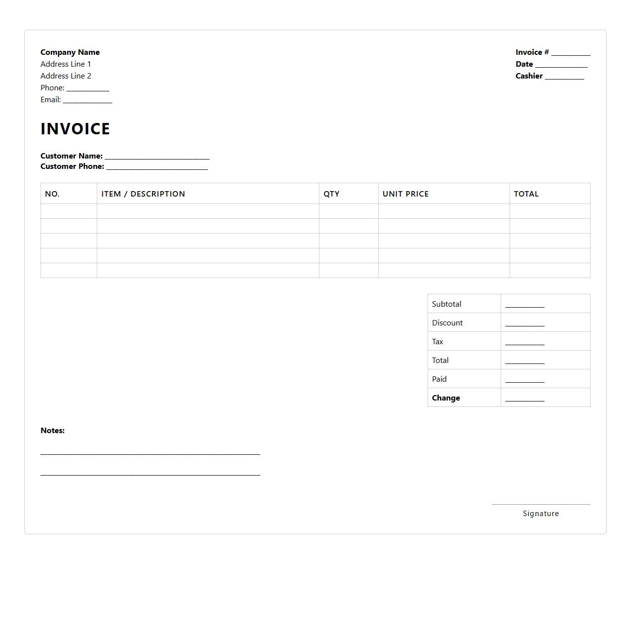 Blank Point of Sale Invoice Sheet
