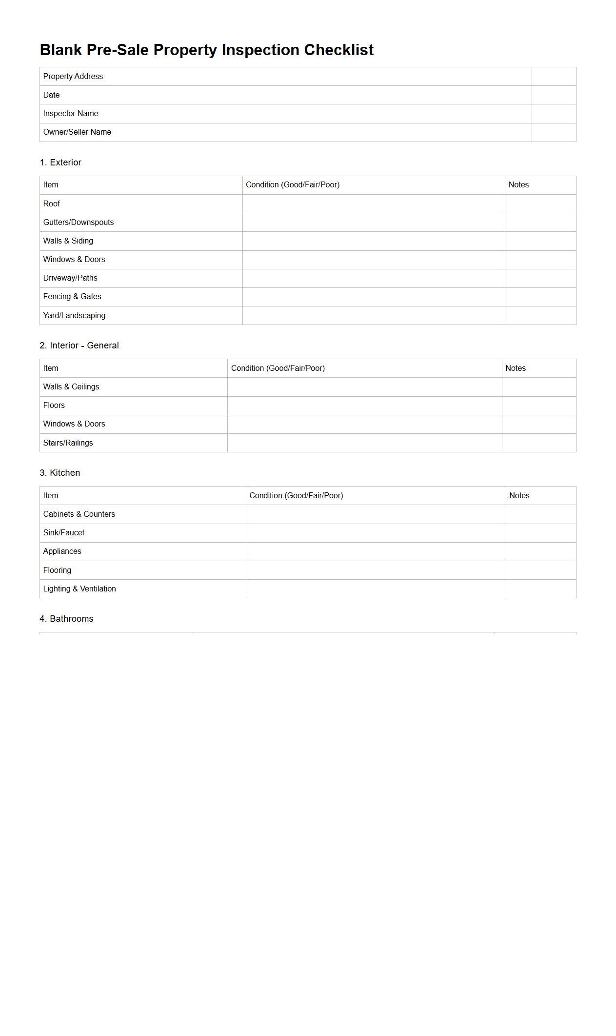 Blank Pre-Sale Property Inspection Checklist Template