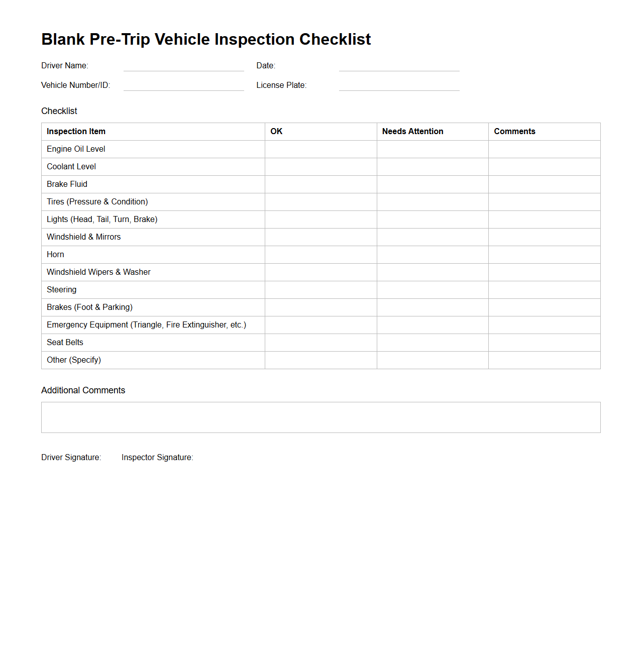 Blank Pre-Trip Vehicle Inspection Checklist Template