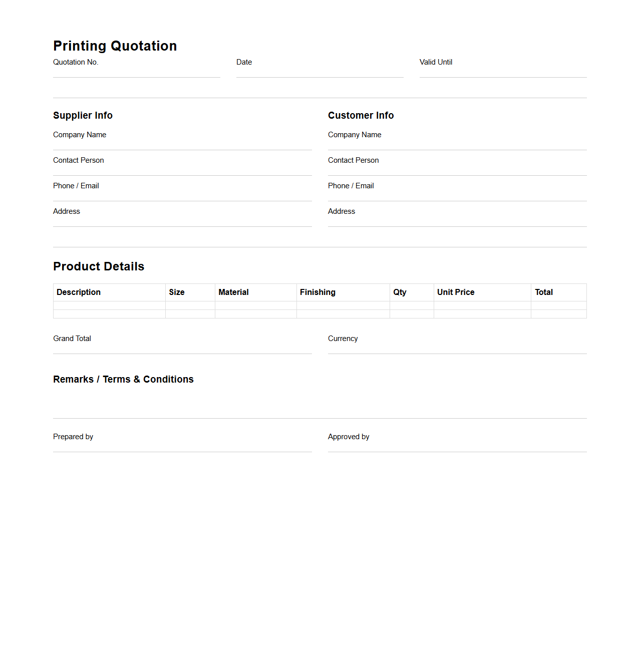 Blank Printing Quotation Example for Packaging and Labels