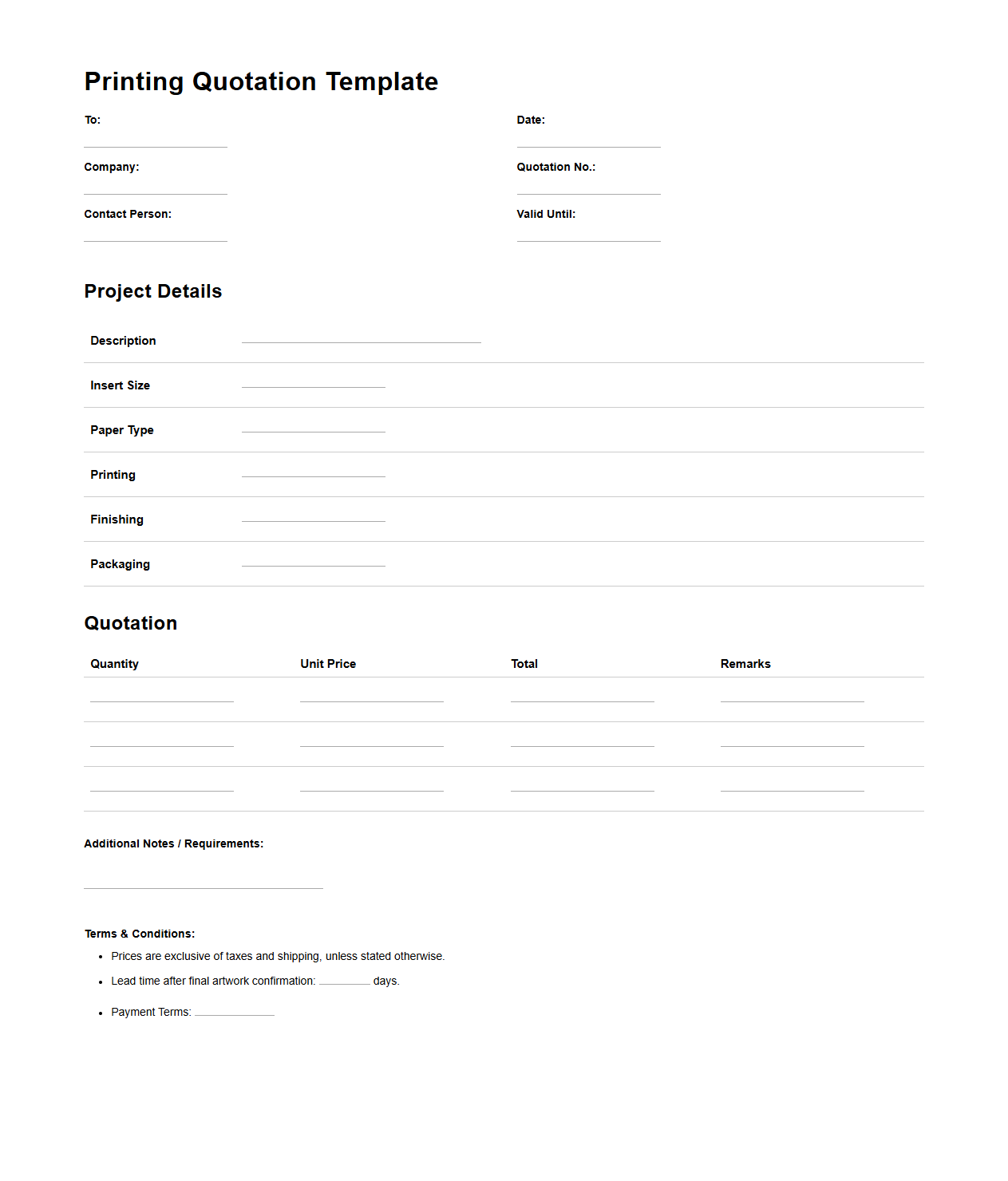 Blank Printing Quotation Template for Custom Marketing Inserts