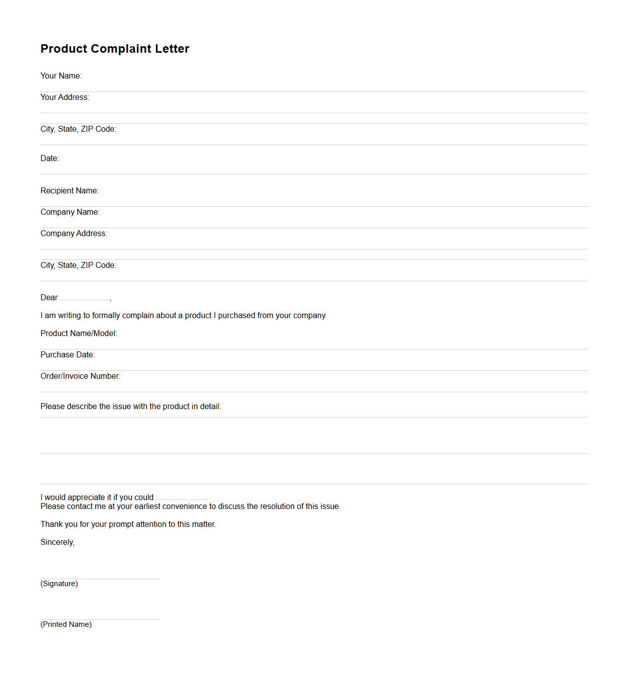 Blank Product Complaint Letter Sample
