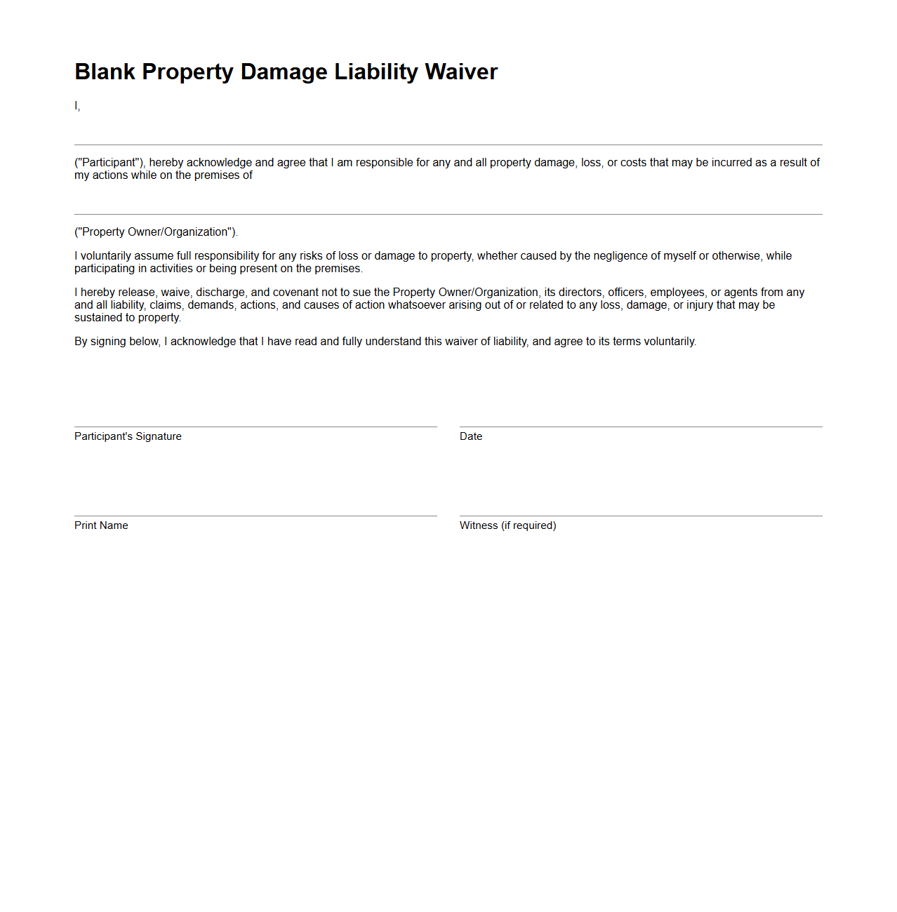 Blank Property Damage Liability Waiver