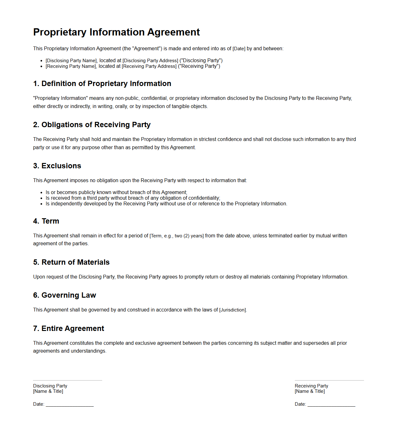 Blank Proprietary Information Agreement Template for Parties