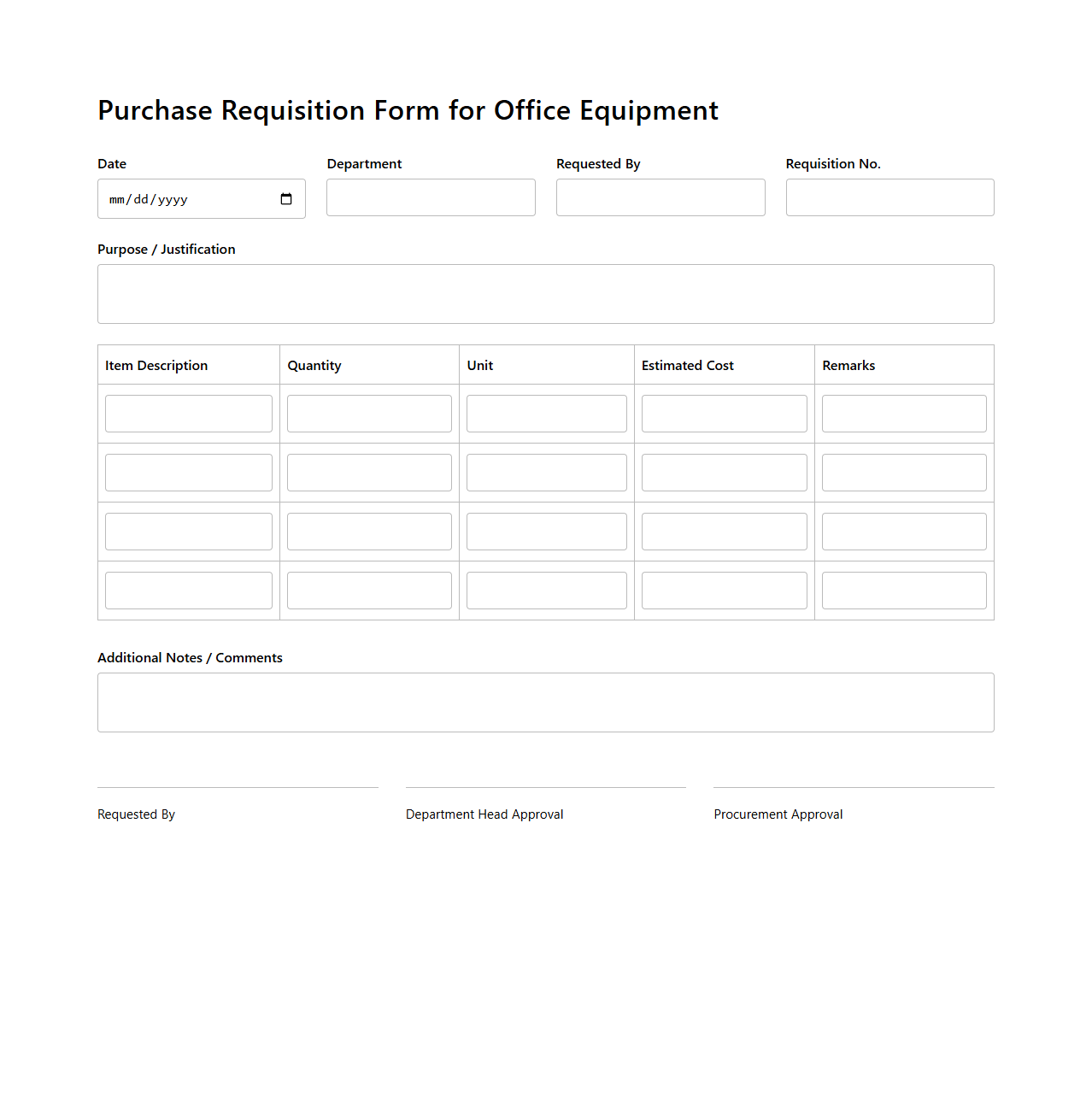 Blank Purchase Requisition Form for Office Equipment