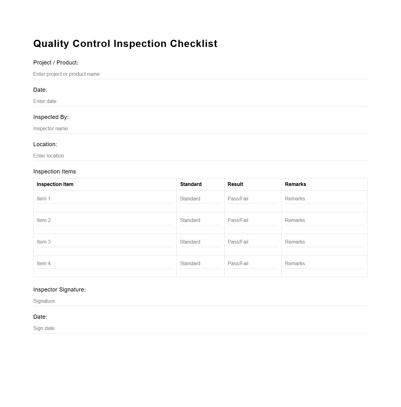 Blank Quality Control Inspection Checklist Template