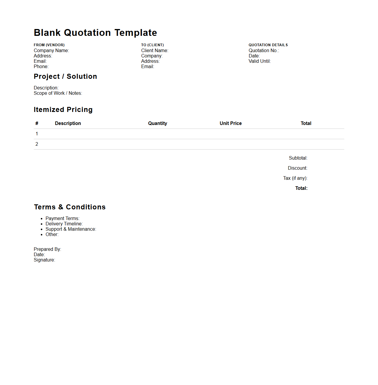 Blank Quotation Template for IT Solutions and Software