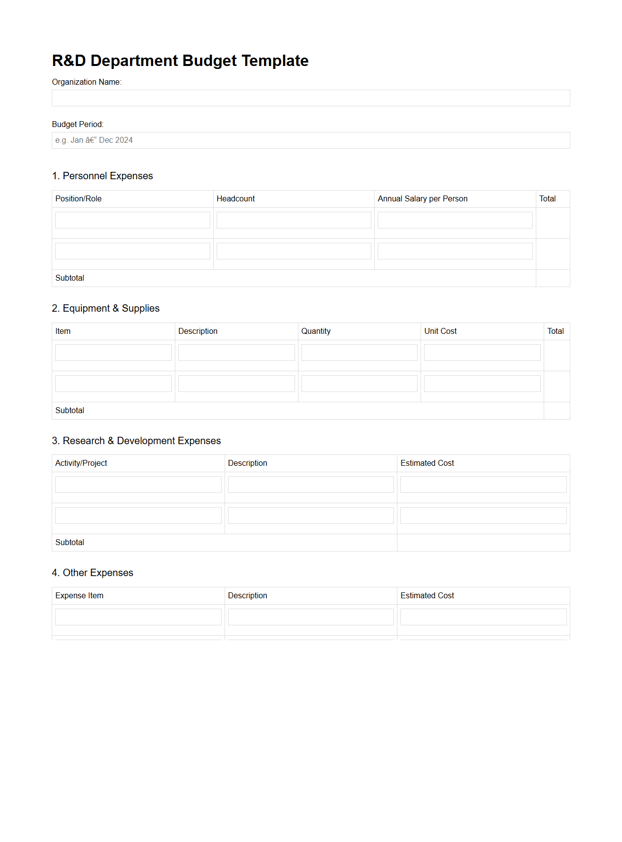 Blank R&D Department Budget Template for Organizations