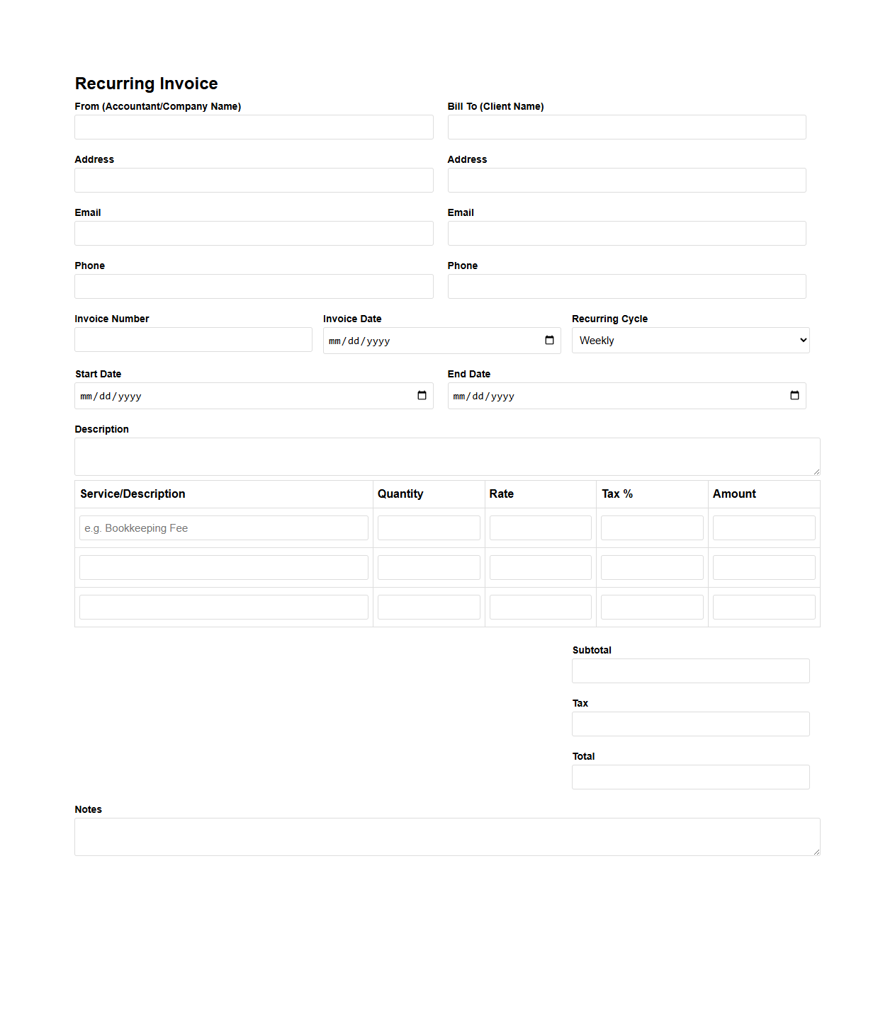 Blank Recurring Invoice Template for Accountants