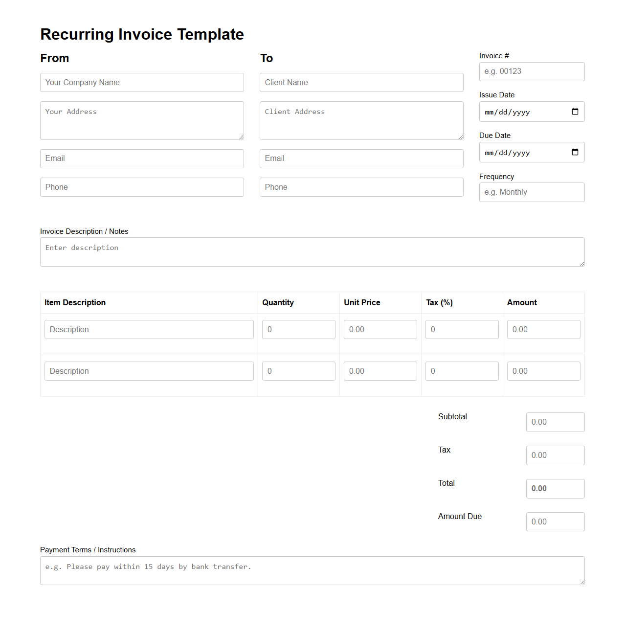 Blank Recurring Invoice Template