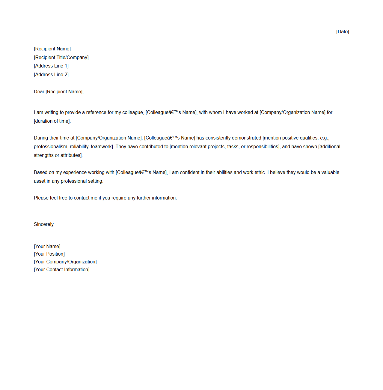 Blank Reference Letter Draft for Colleagues