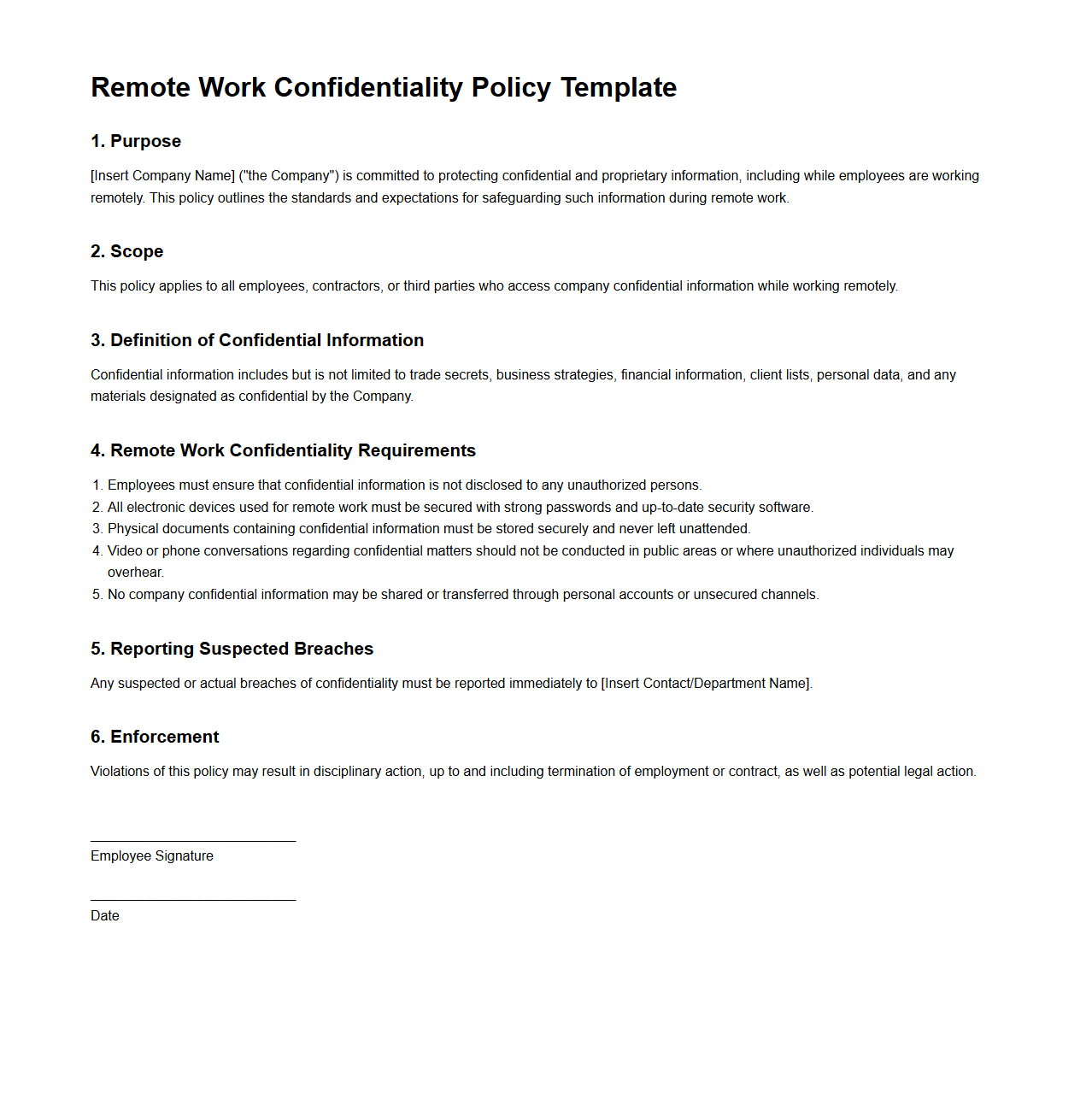 Blank Remote Work Confidentiality Policy Template