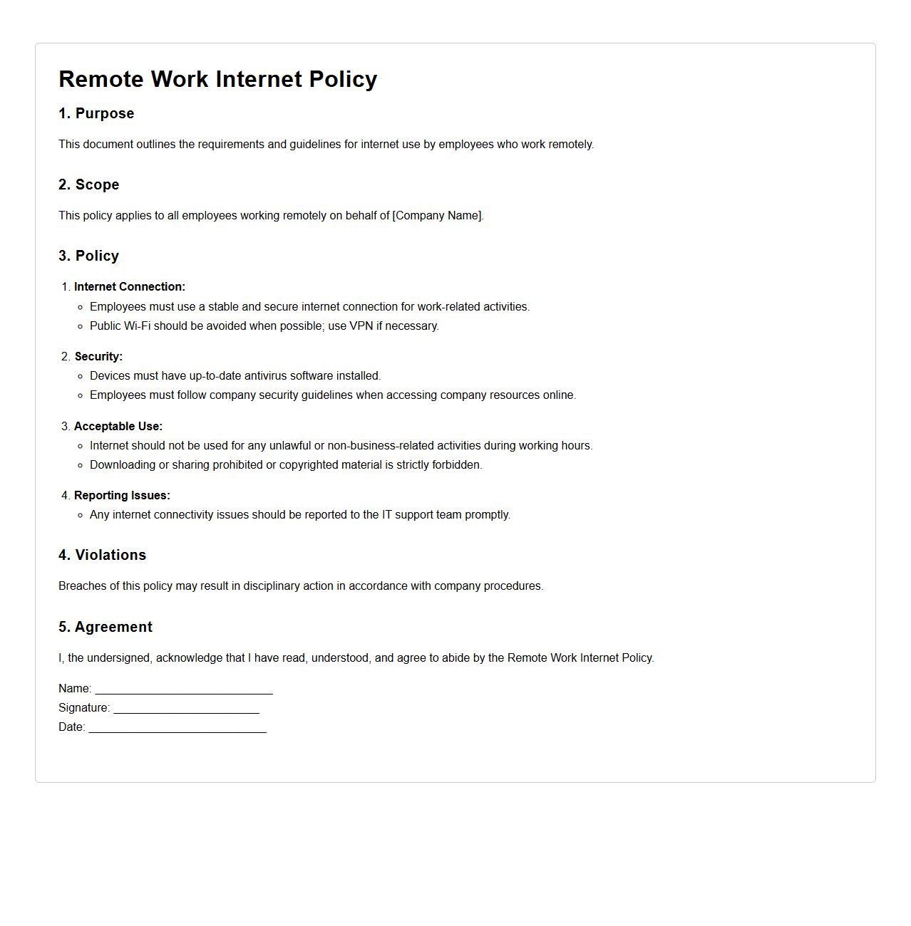 Blank Remote Work Internet Policy Document
