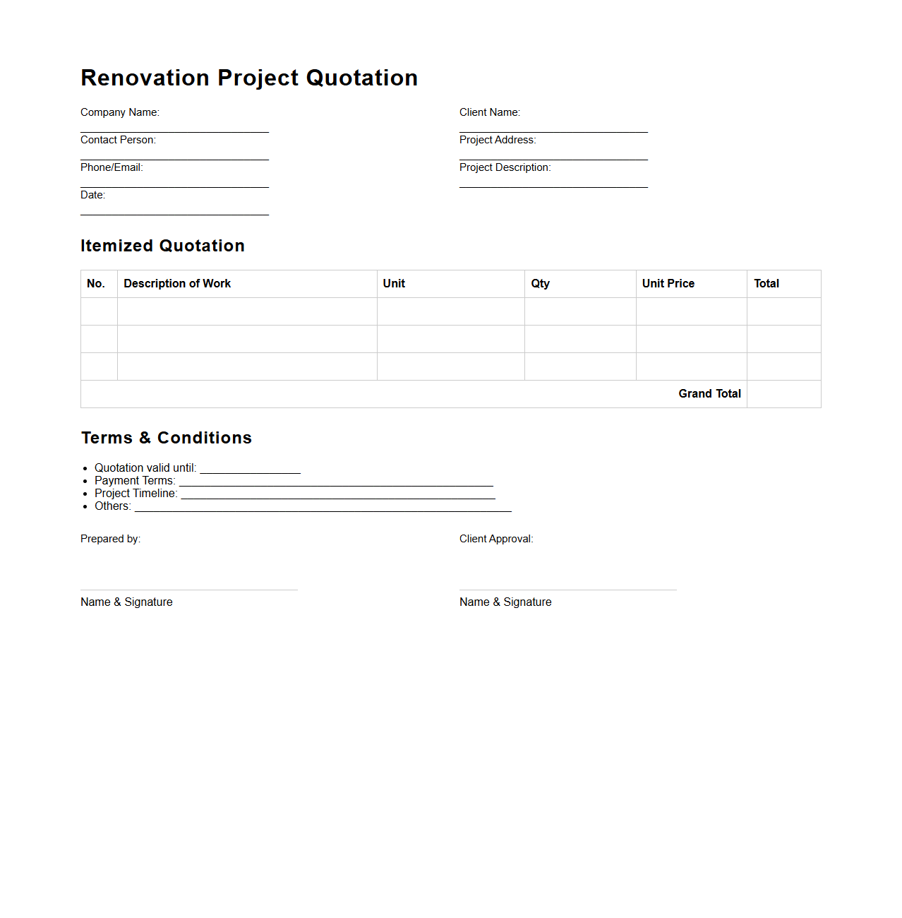 Blank Renovation Project Quotation Template