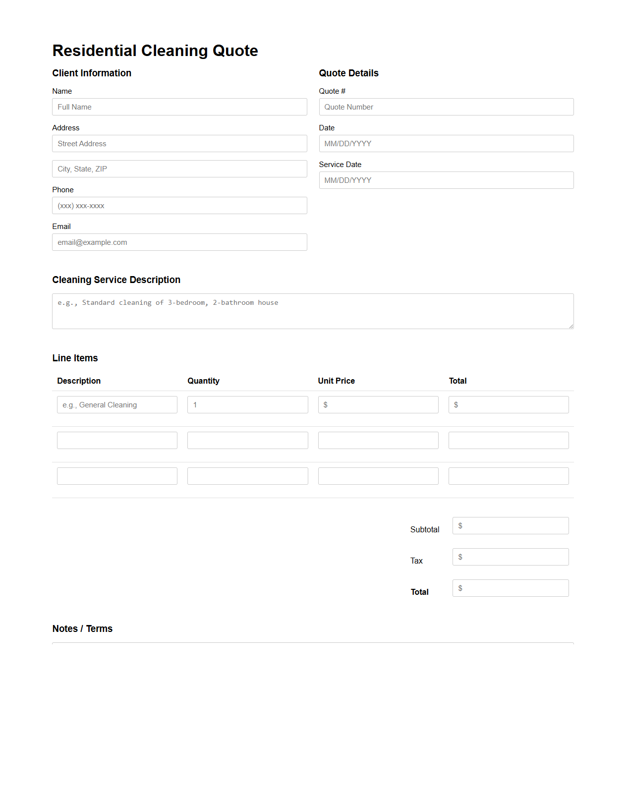 Blank Residential Cleaning Quote Sample