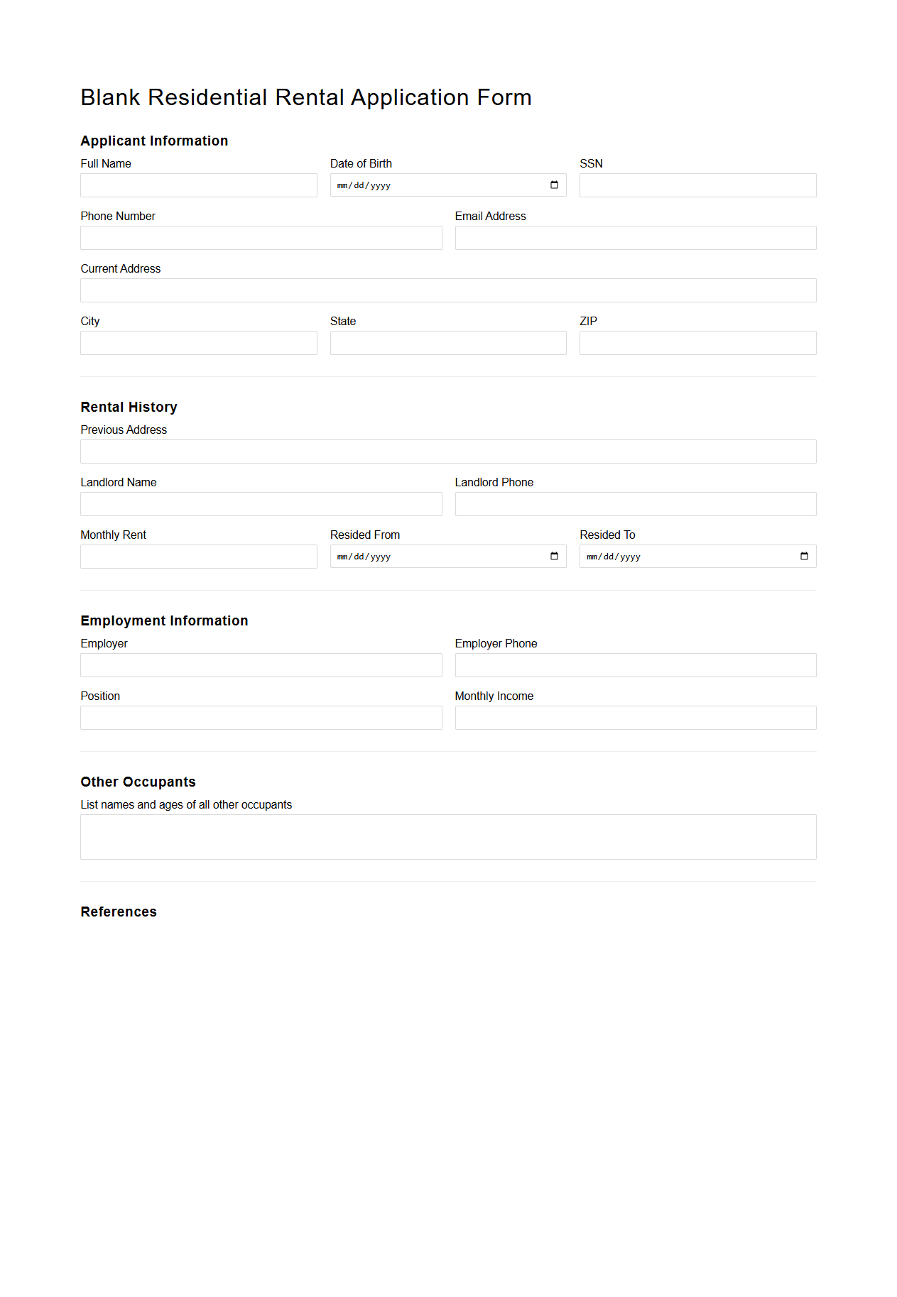 Blank Residential Rental Application Form