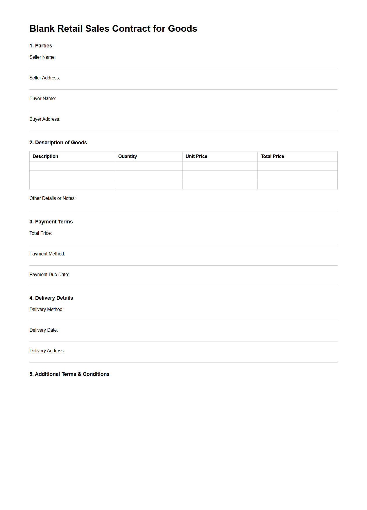 Blank Retail Sales Contract for Goods