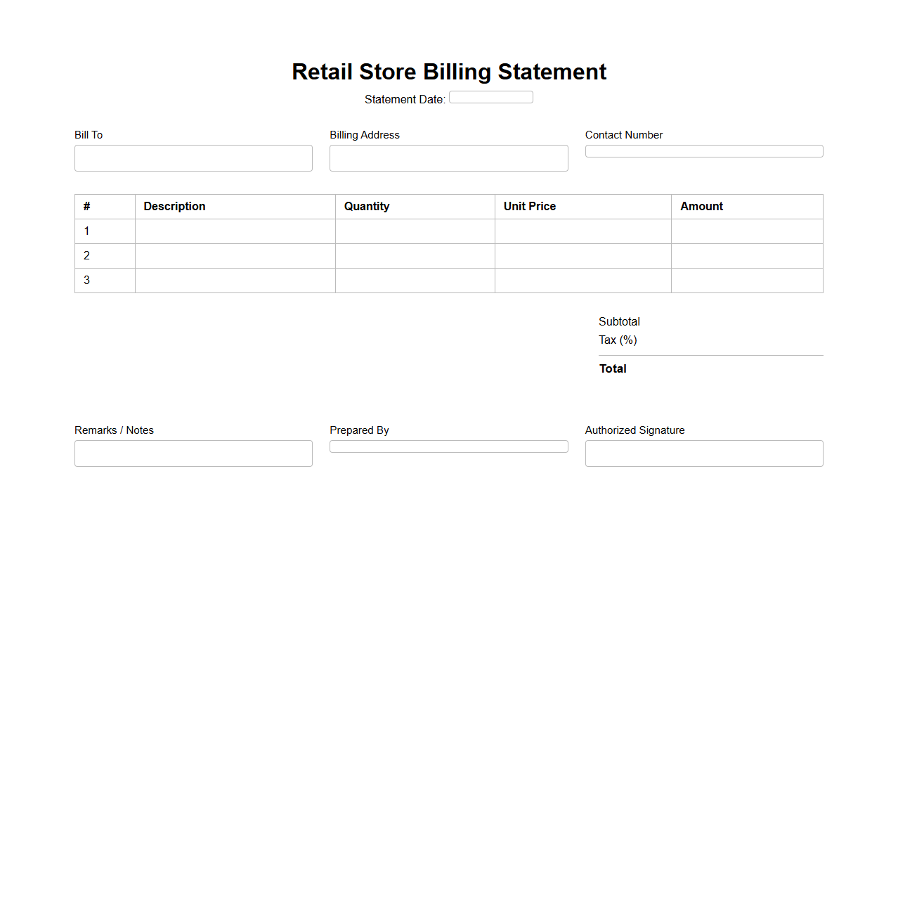 Blank Retail Store Billing Statement