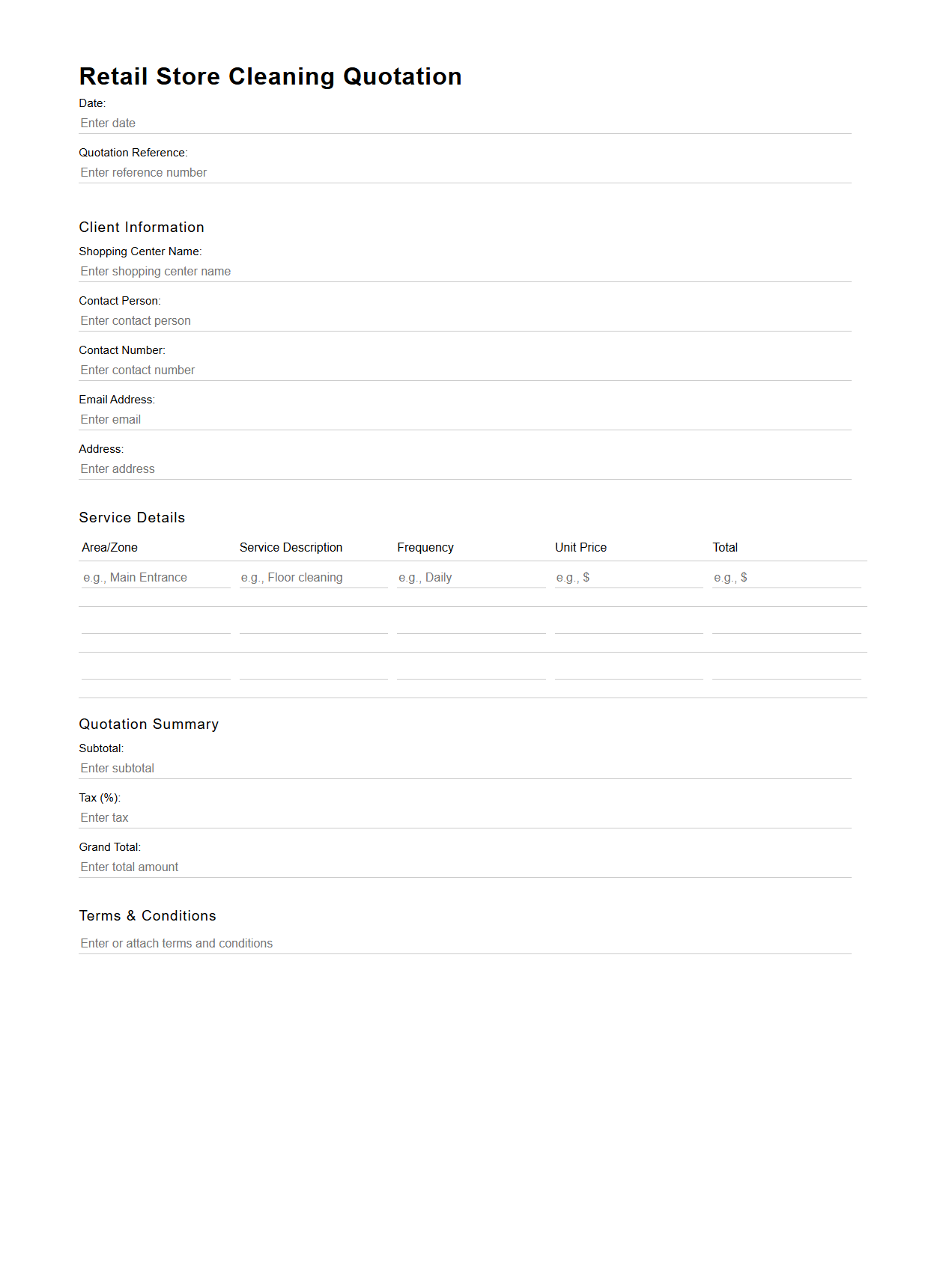 Blank Retail Store Cleaning Quotation Template for Shopping Centers