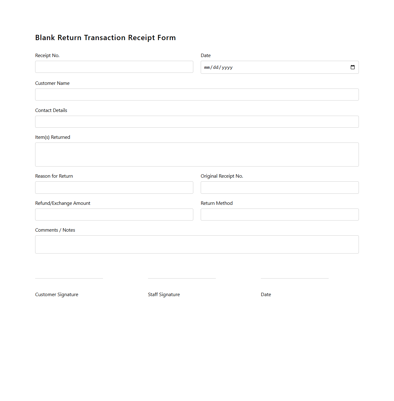 Blank Return Transaction Receipt Form
