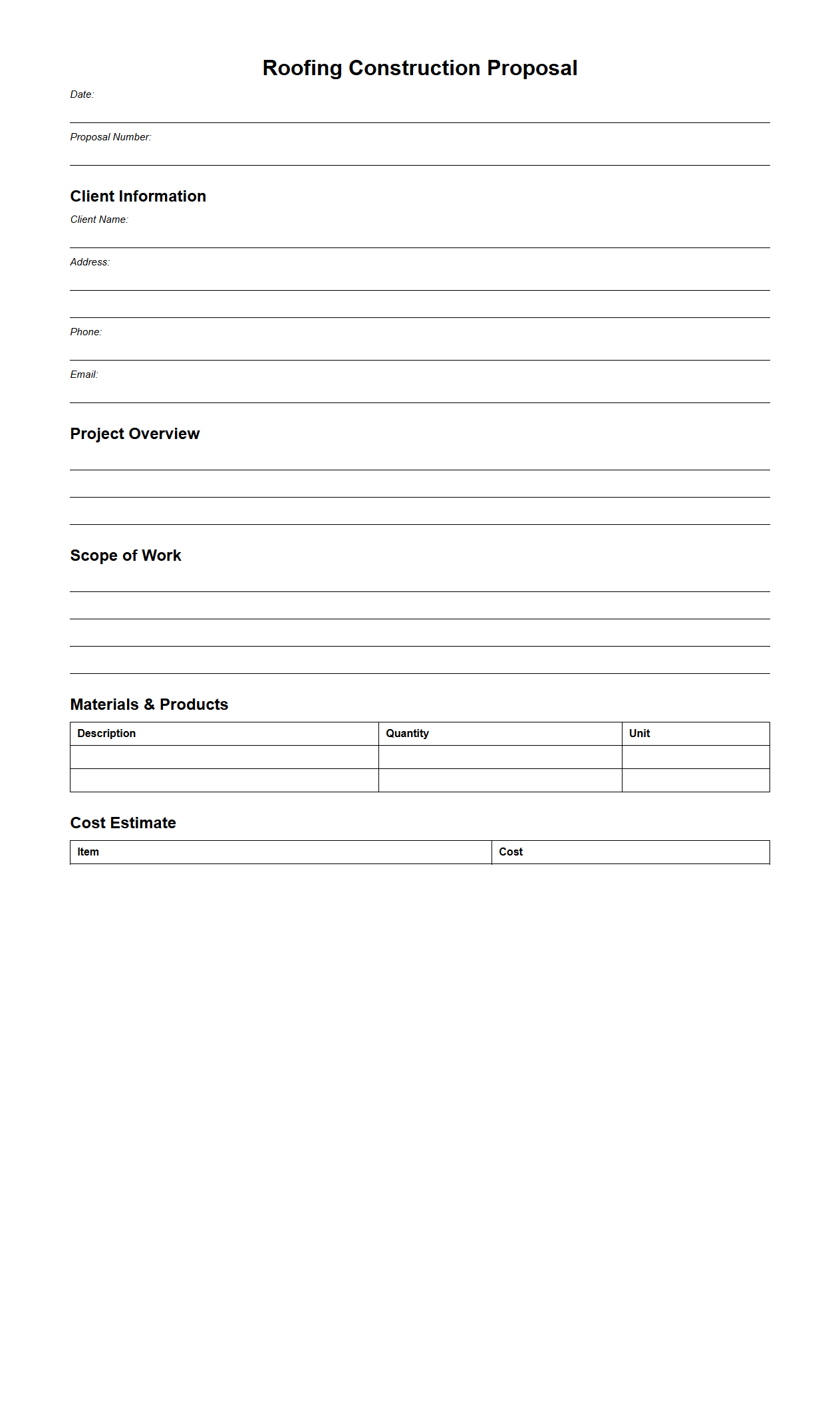Blank Roofing Construction Proposal Format