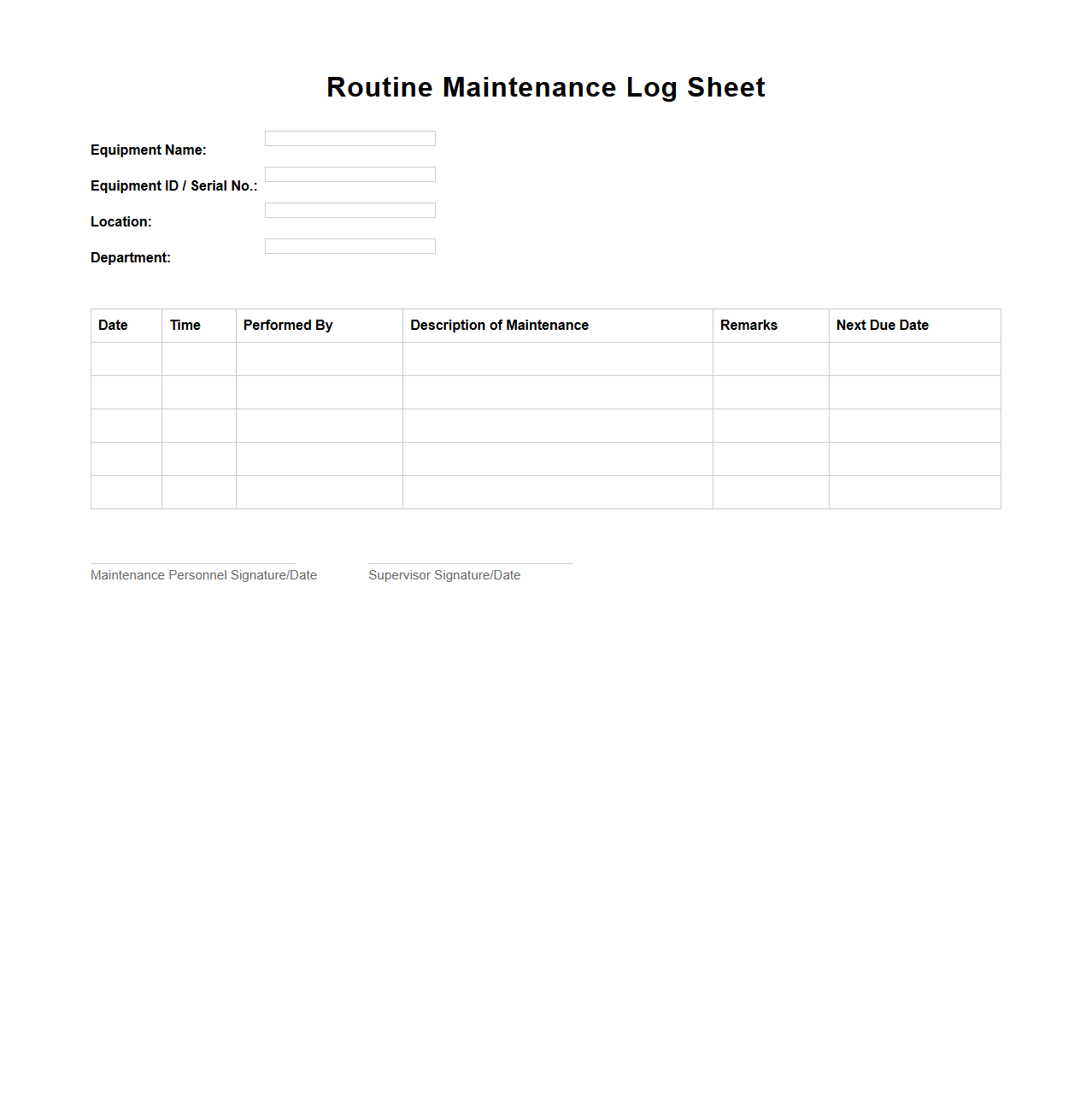 Blank Routine Maintenance Log Sheet for Equipment Monitoring