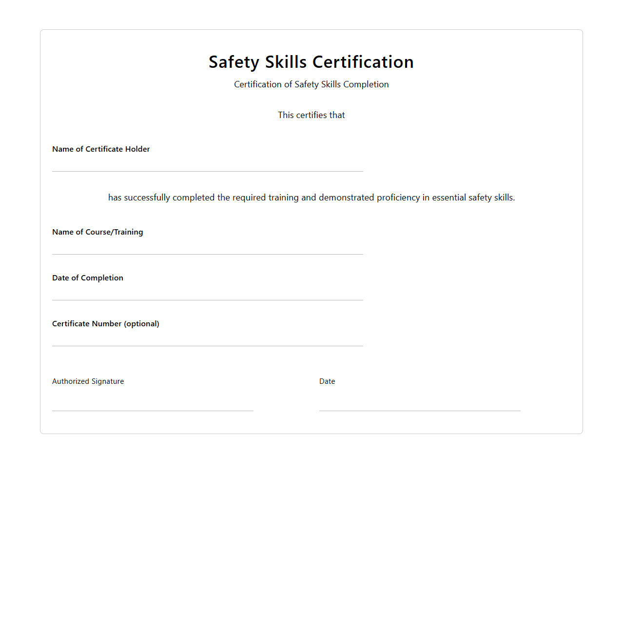 Blank Safety Skills Certification Template