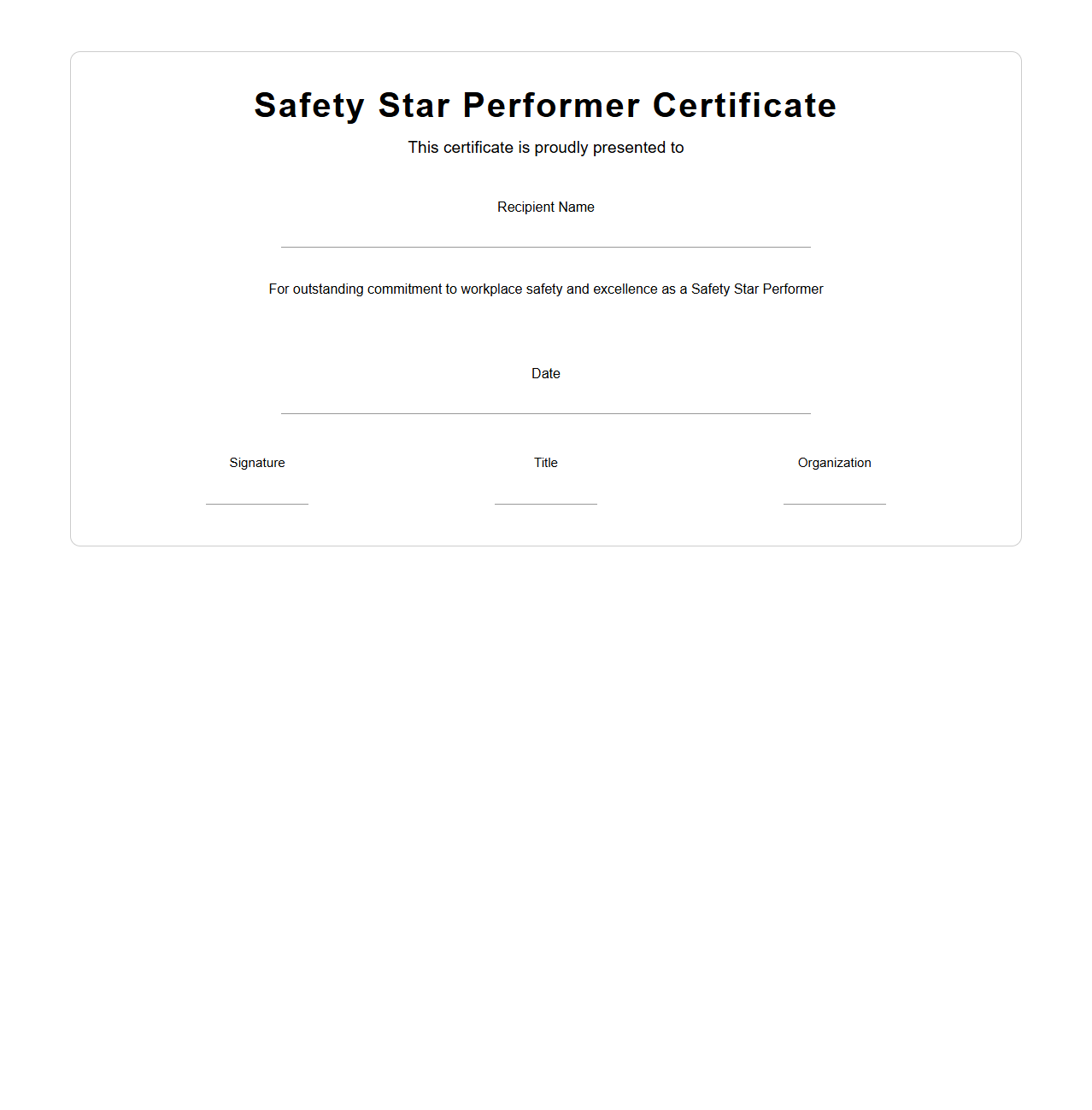 Blank Safety Star Performer Certificate