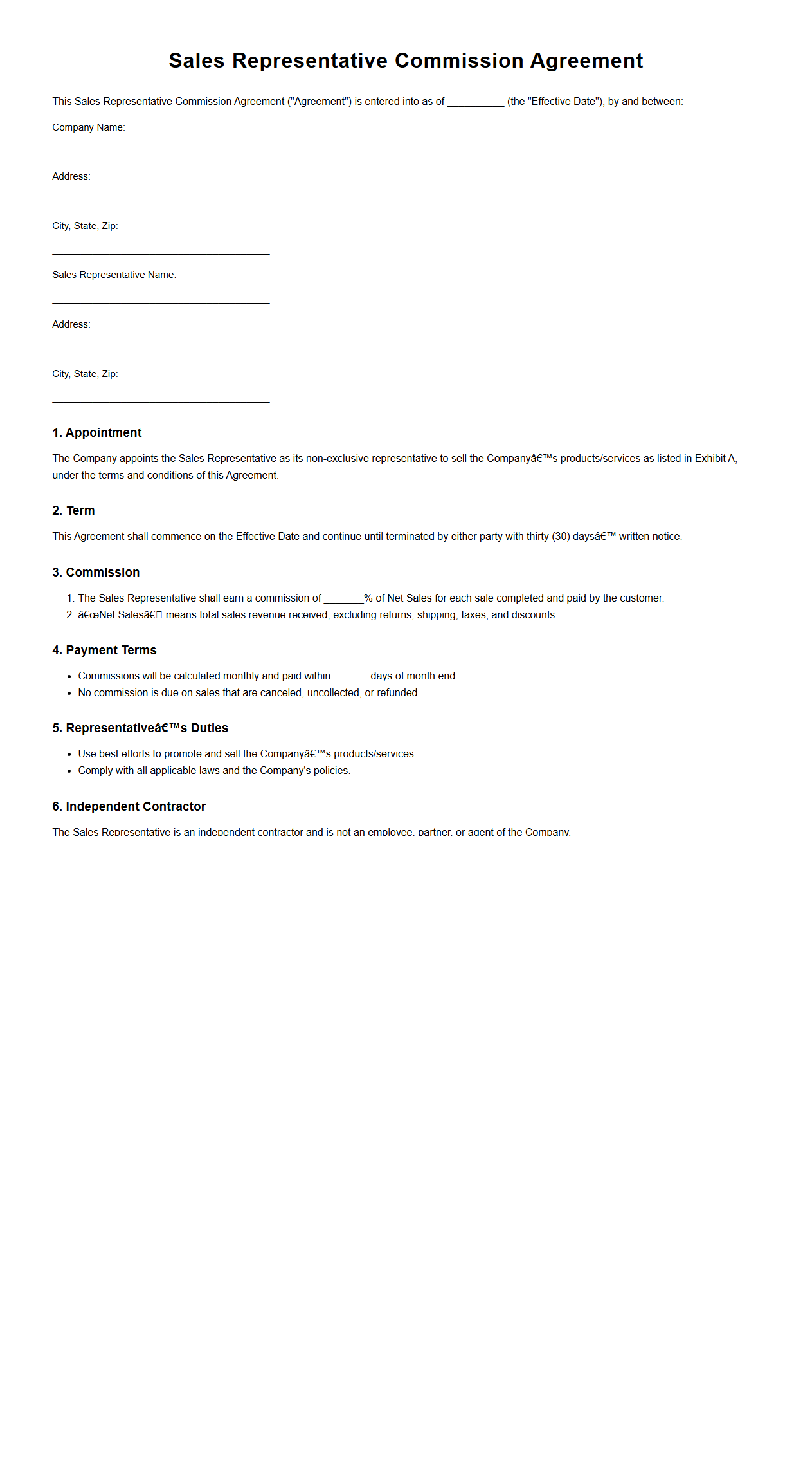 Blank Sales Representative Commission Agreement