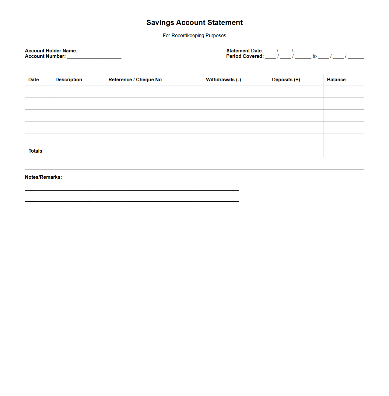 Blank Savings Account Statement Template for Recordkeeping