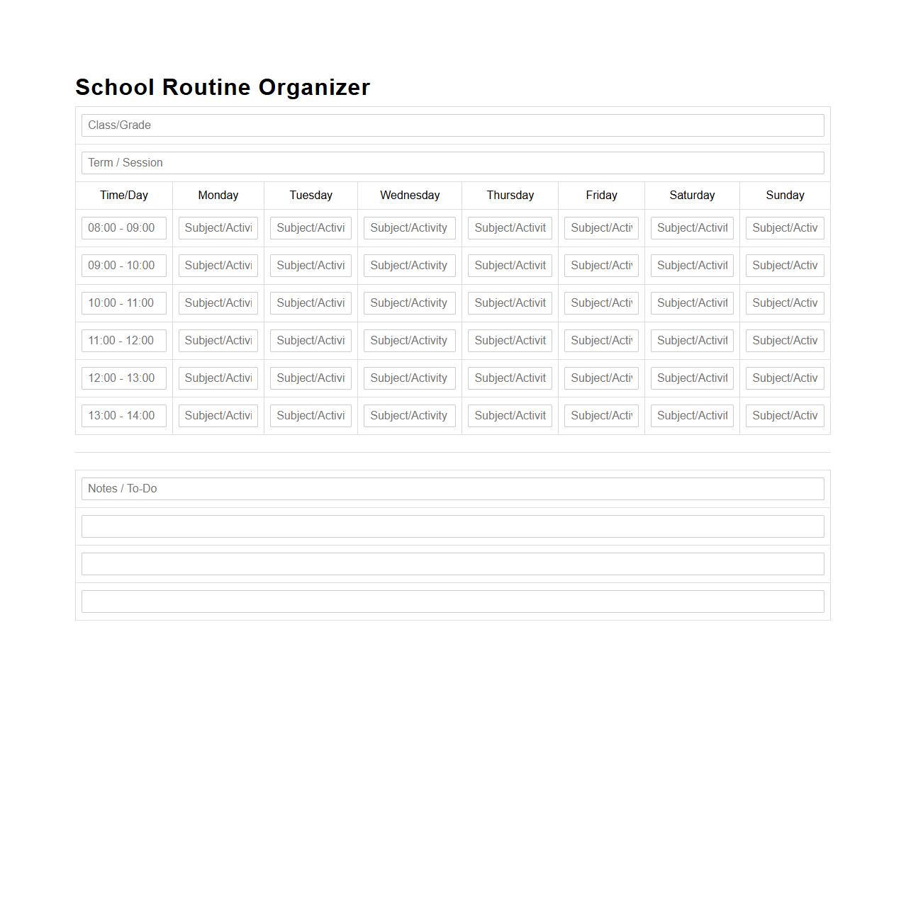Blank School Routine Organizer