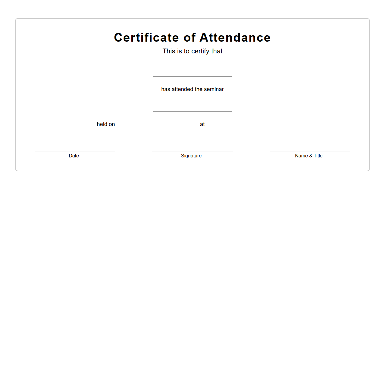 Blank Seminar Attendance Certificate Template