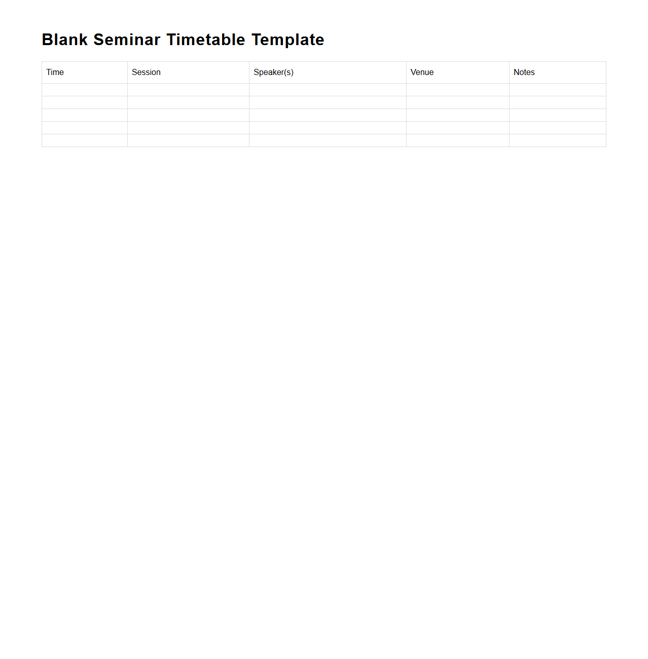 Blank Seminar Timetable Template for Organizers