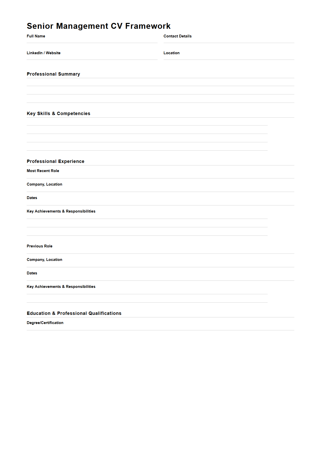 Blank Senior Management CV Framework
