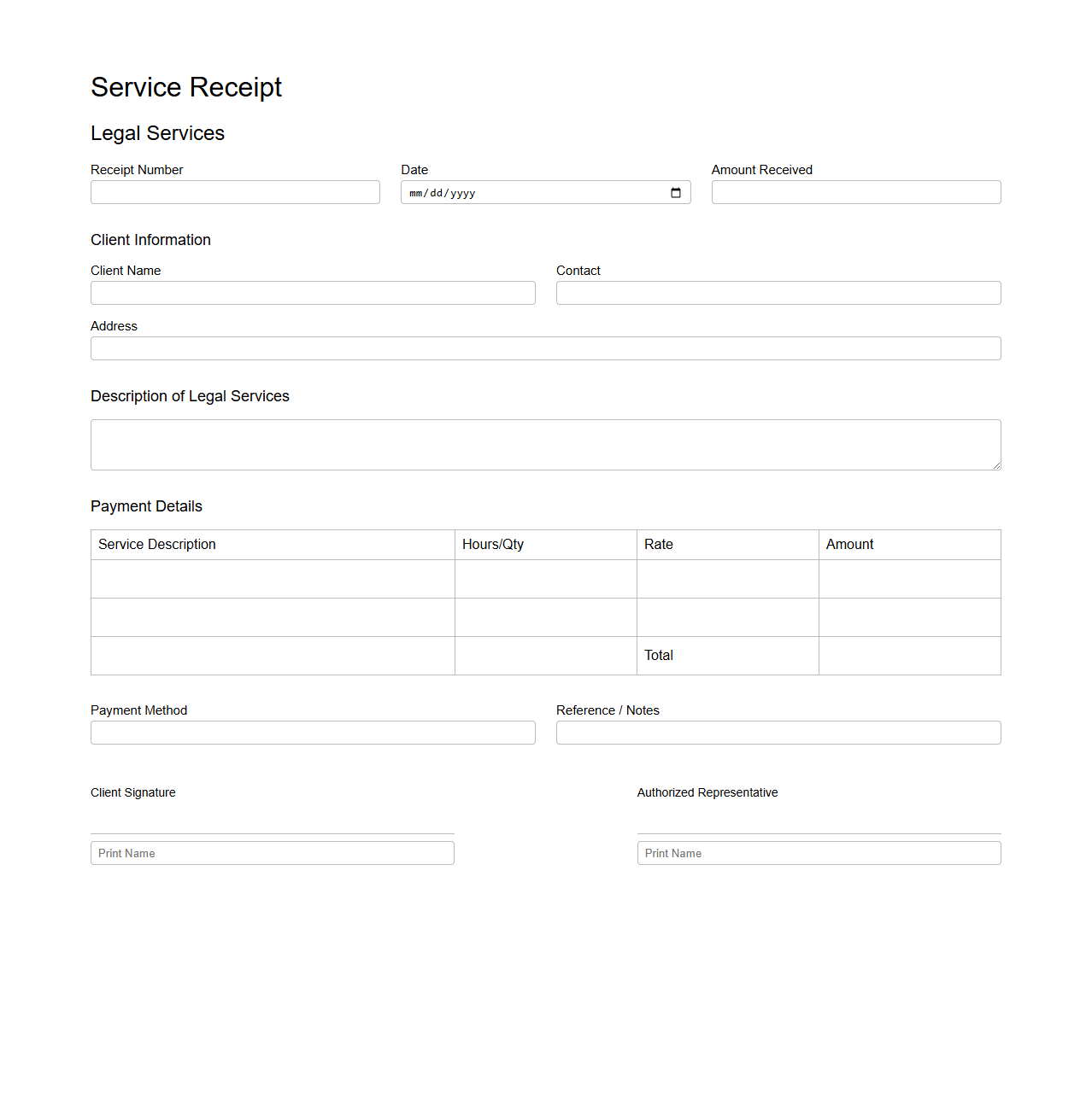 Blank Service Receipt Template for Legal Services