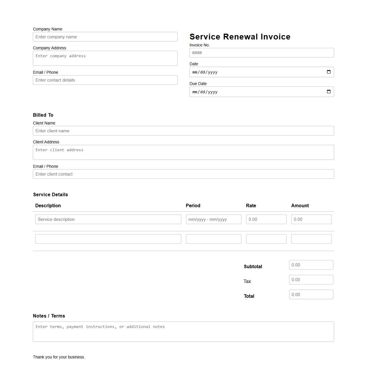 Blank Service Renewal Invoice Template