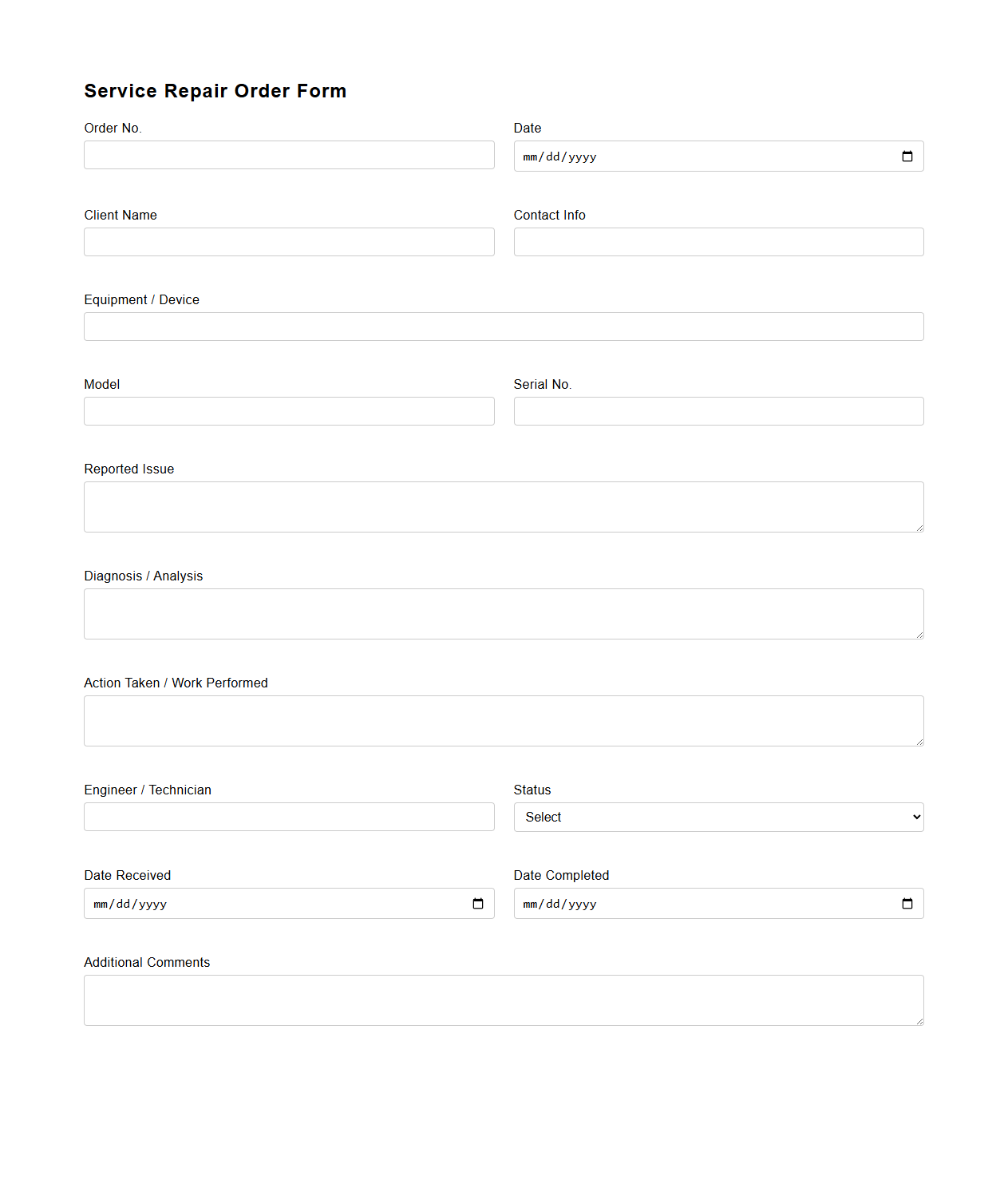 Blank Service Repair Order Form for Technical Teams