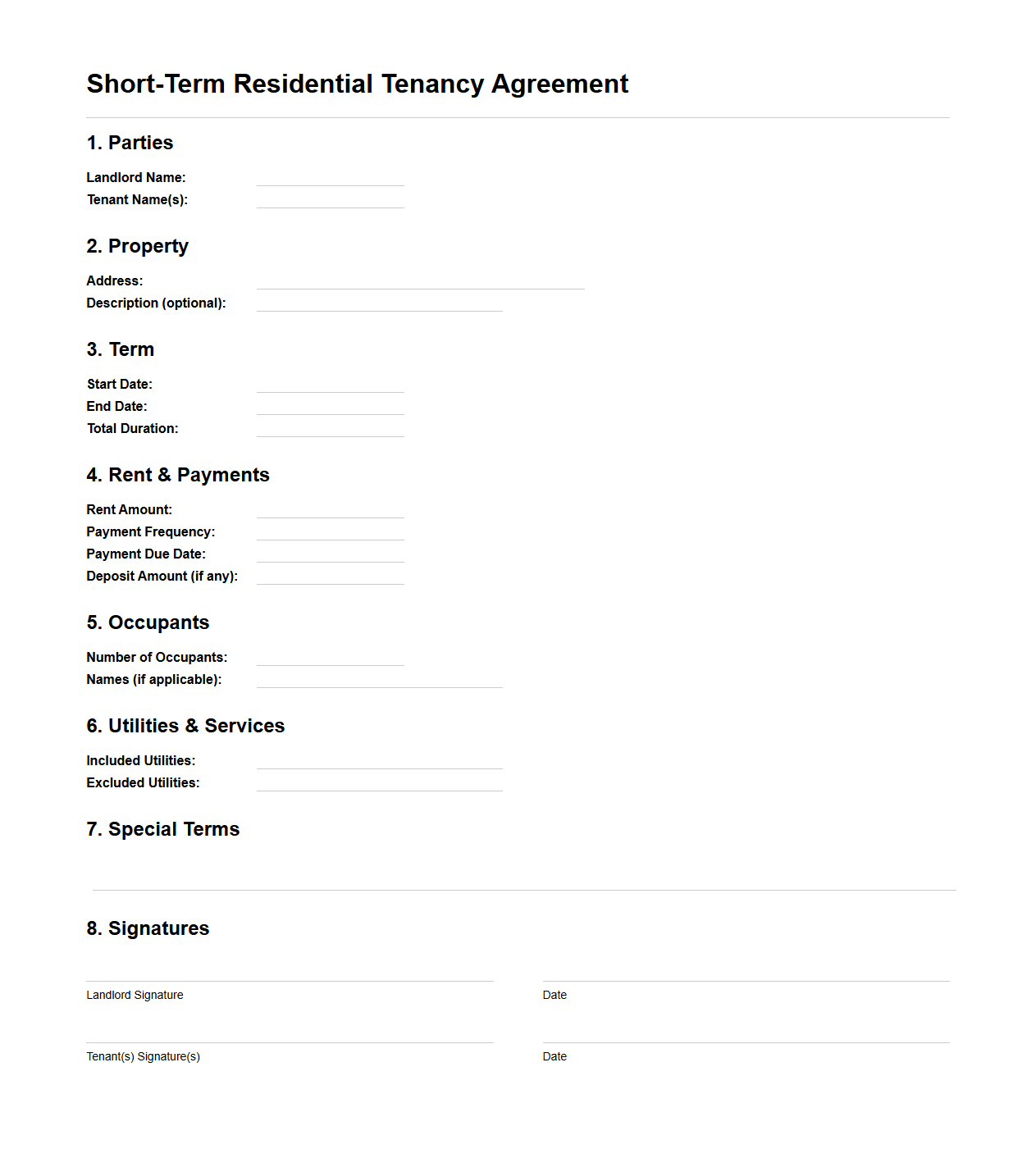 Blank Short-Term Residential Tenancy Agreement Template