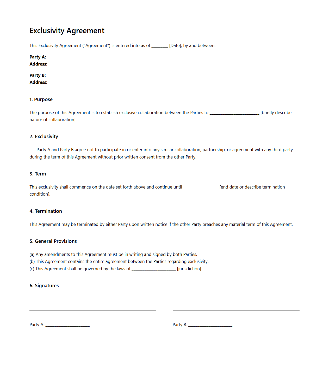 Blank Simple Exclusivity Agreement Template for Collaborations