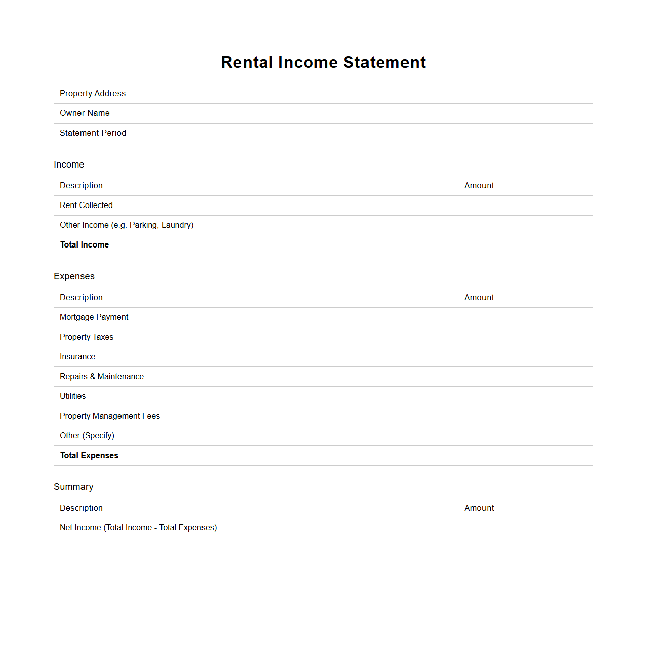 Blank Simple Rental Income Statement Sheet
